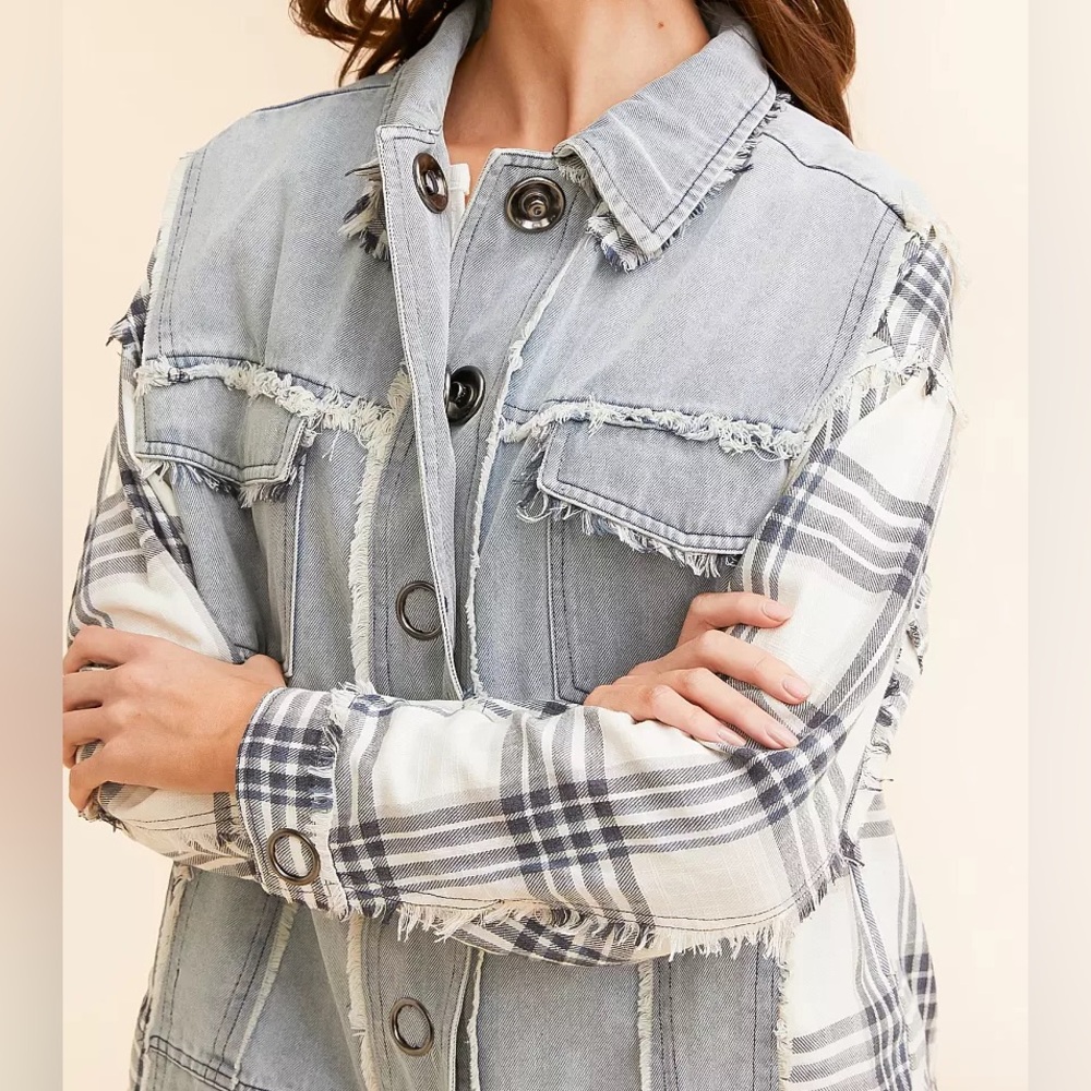 Frayed Denim and Plaid Jacket
